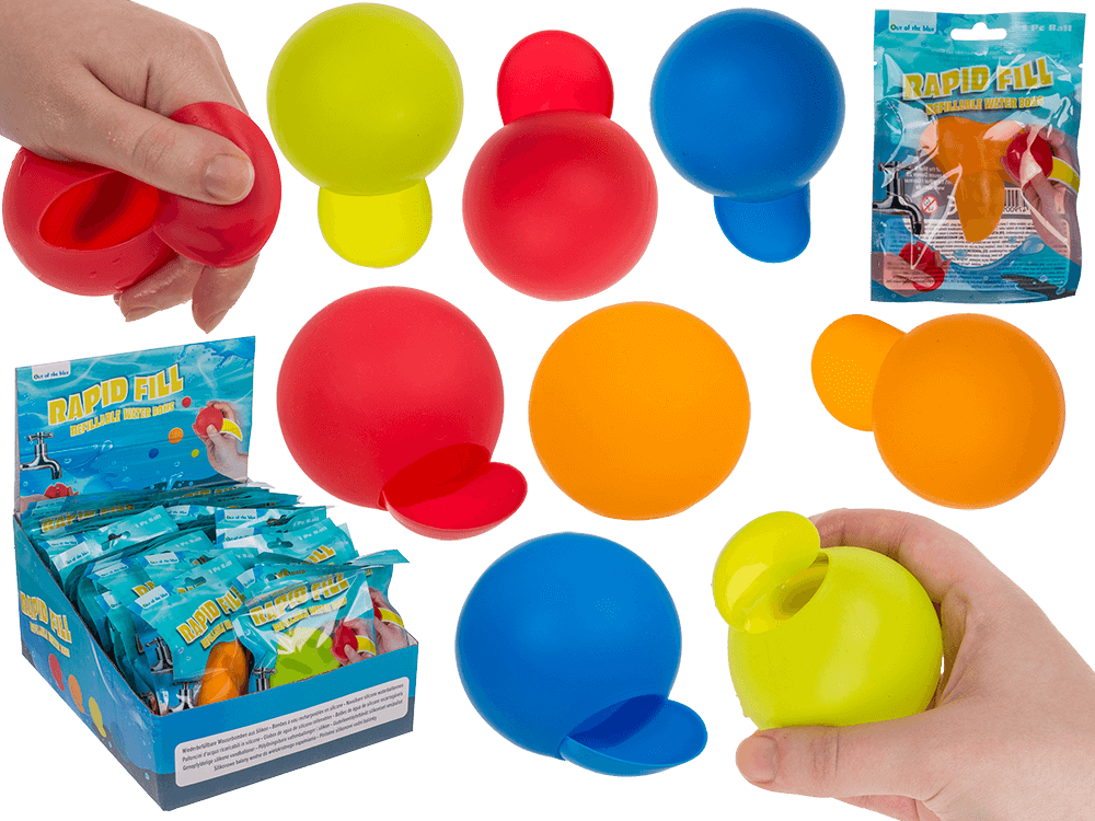 43-8986_000.png Kleurige waterbommen (6 cm) in rood, blauw, oranje en groen, met verpakking en displaydoos, 48 stuks.