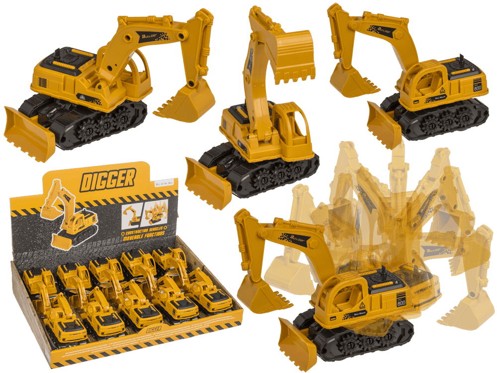 56-0008_000.png Friction-digger met beweegbare arm, 16 cm groot, 10 stuks per display, gemaakt van plastic, speelgoed voor binnen.