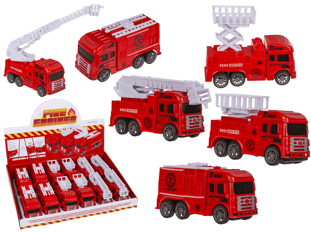 56-0114_000.png Rode brandweerwagens met wrijving, beweegbare delen, 12 cm, 3 varianten, 12 stuks per display.