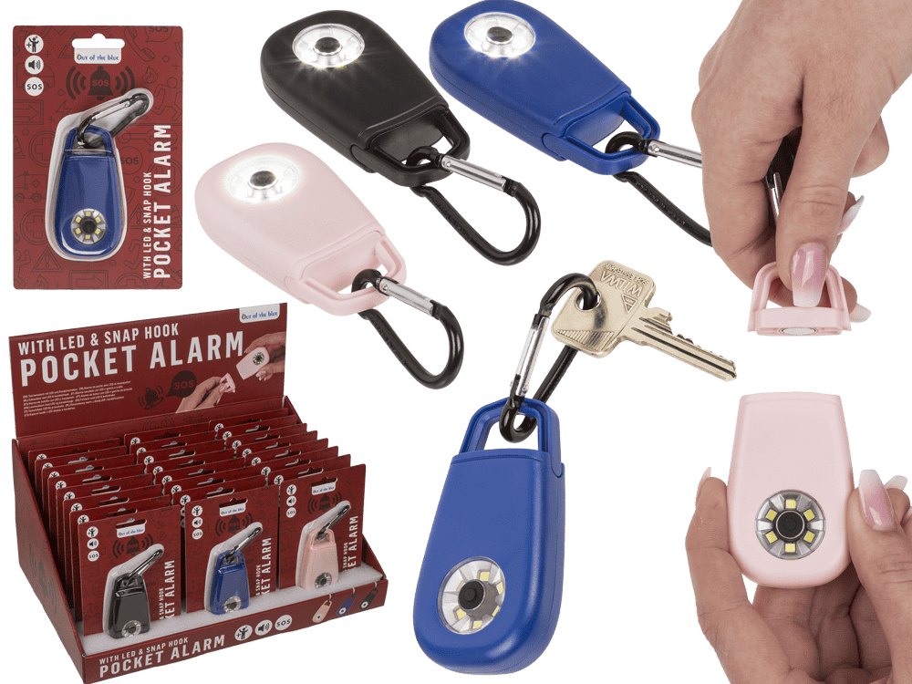 57-1208_000.png Pocketalarm met LED en haak, 7.5 cm, in blauw, roze en zwart, inclusief 3 LR44-batterijen, 24 stuks in display.