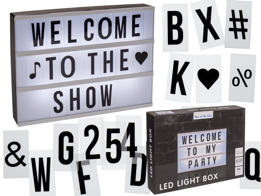 Illuminated plastic display board with 84 letters,