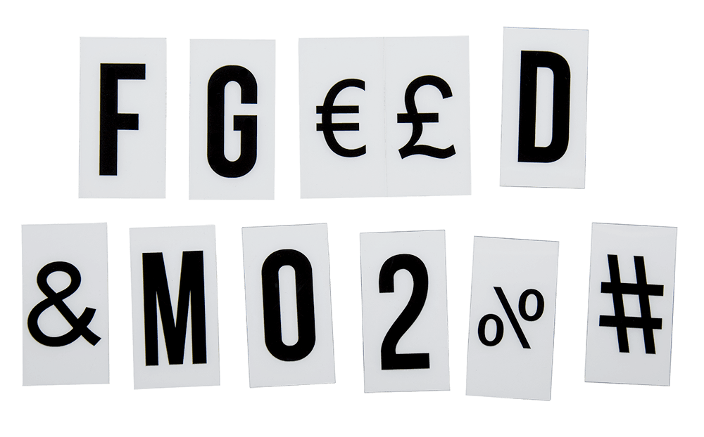 Illuminated plastic display board with 84 letters,