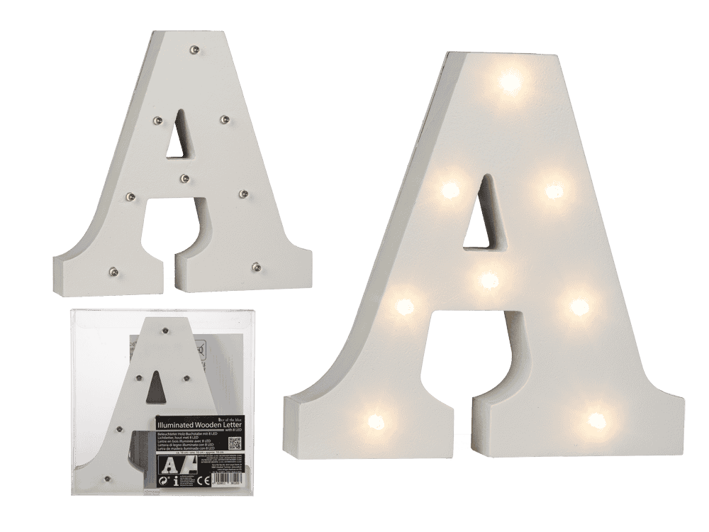 Illuminated wooden letter A, with 8 LED,