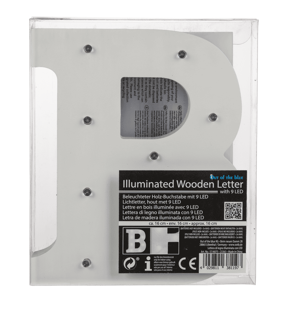 Illuminated wooden letter B, with 9 LED,