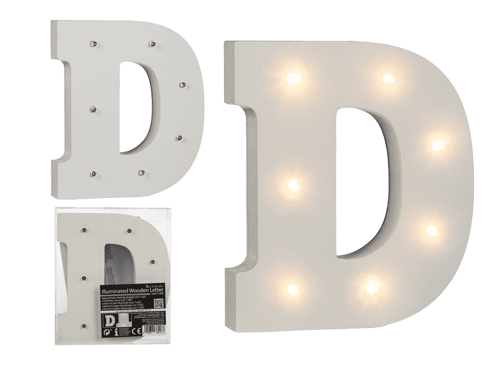 Illuminated wooden letter D, with 7 LED,