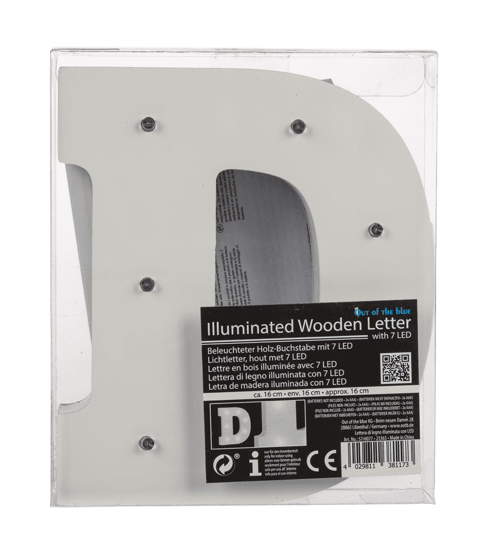 Illuminated wooden letter D, with 7 LED,