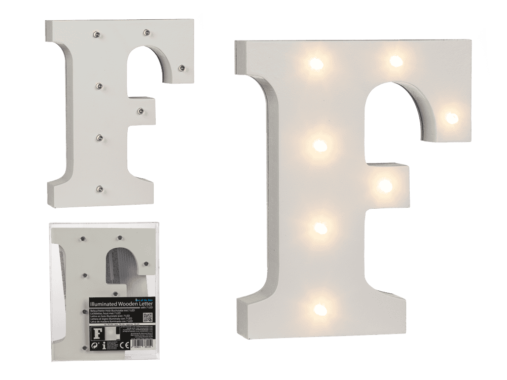 Illuminated wooden letter F, with 7 LED,
