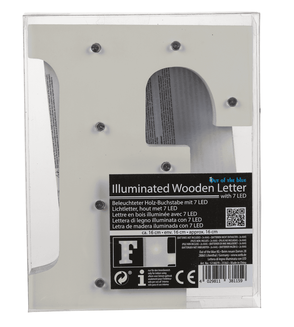 Illuminated wooden letter F, with 7 LED,