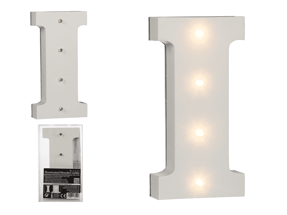 Illuminated wooden letter I, with 4 LED,