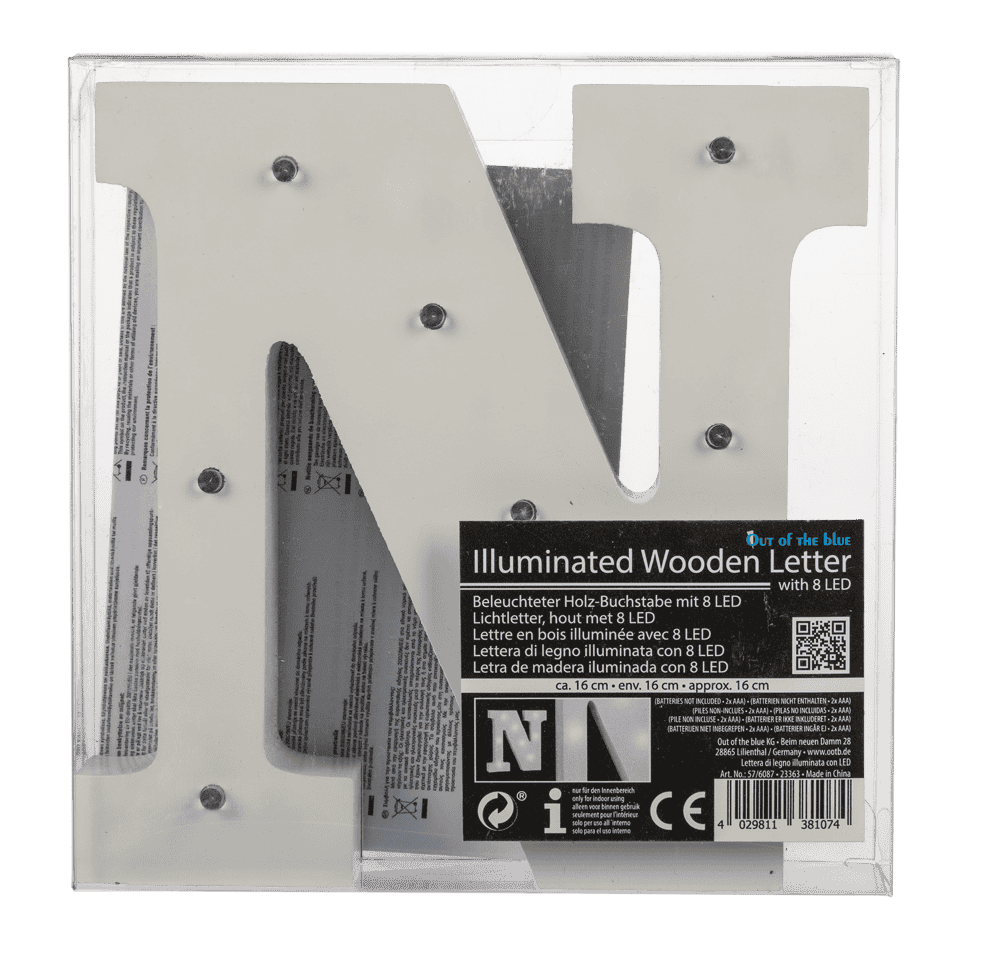 Illuminated wooden letter N, with 8 LED,