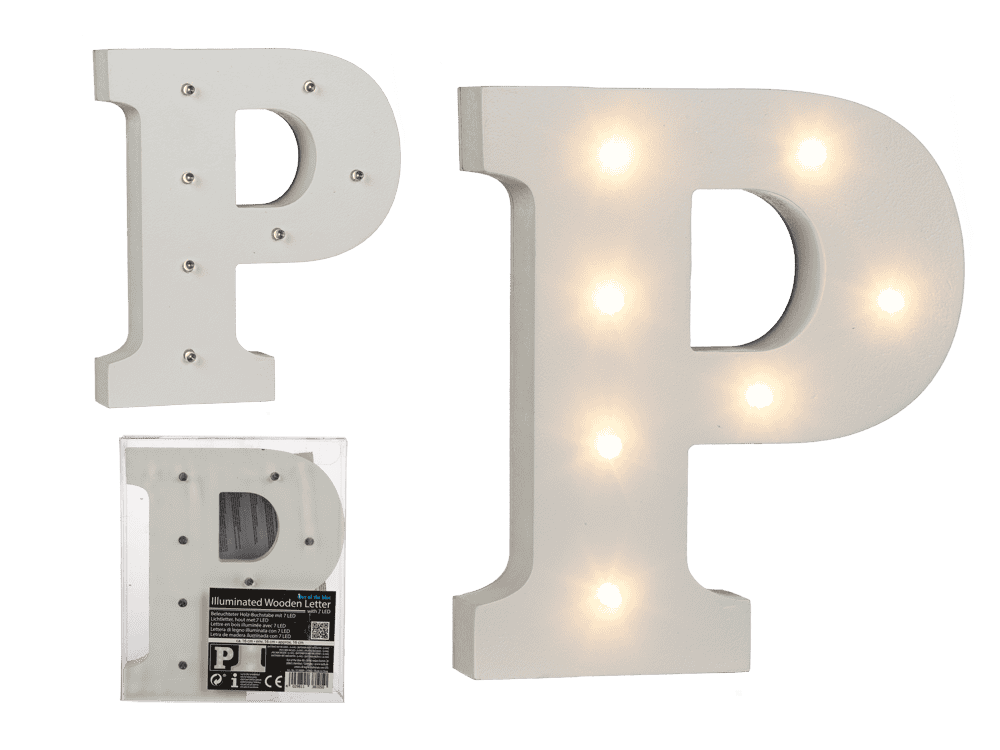 Illuminated wooden letter P, with 7 LED,