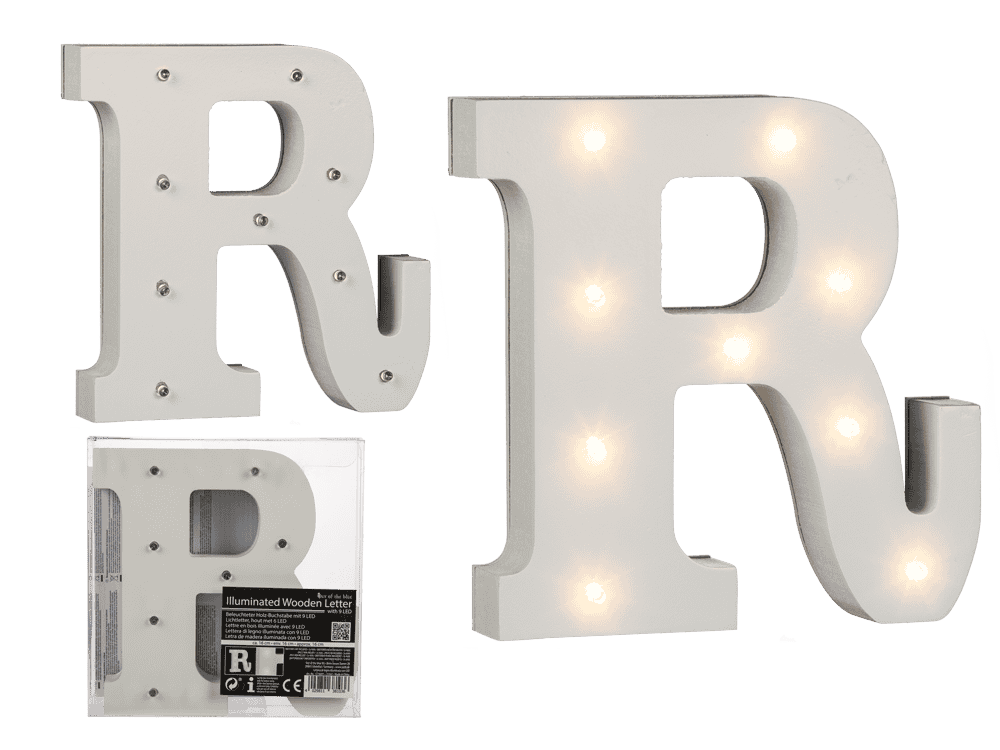Illuminated wooden letter R, with 9 LED,
