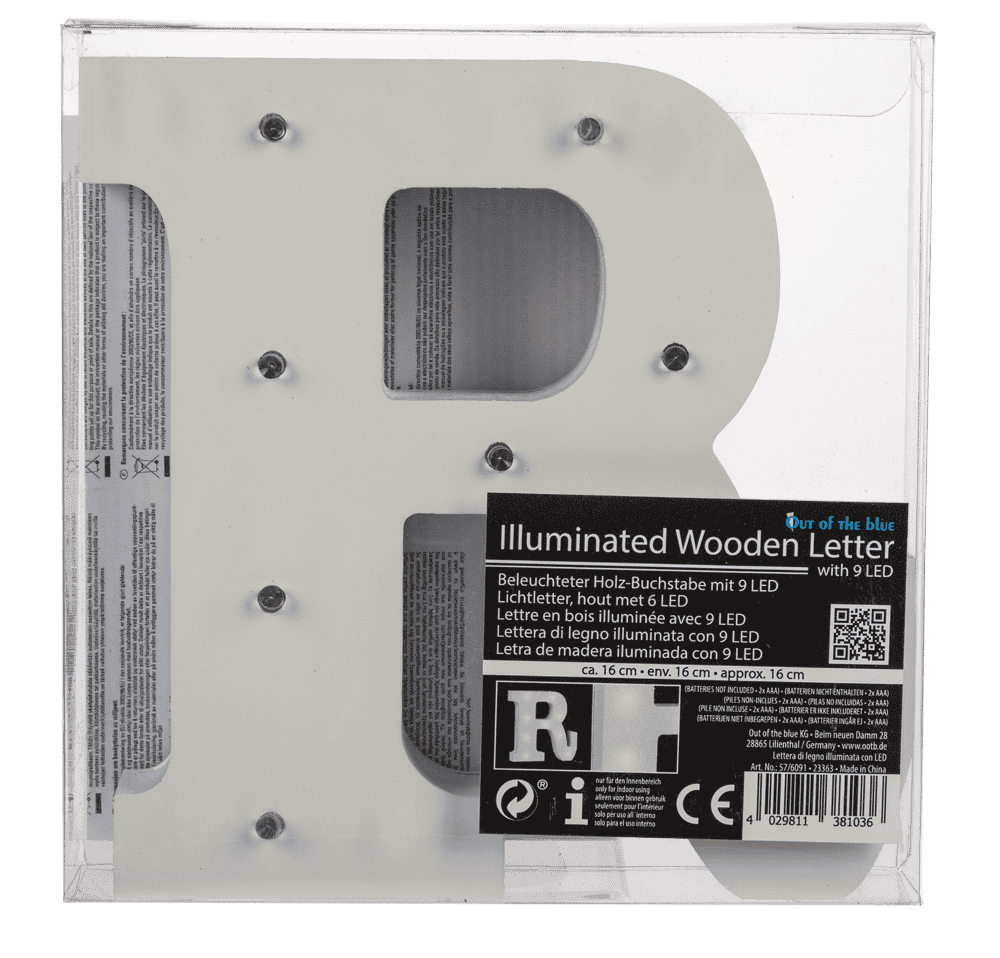 Illuminated wooden letter R, with 9 LED,