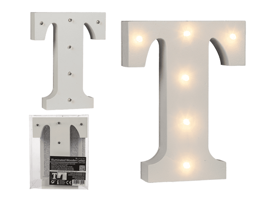 Illuminated wooden letter T, with 6 LED,