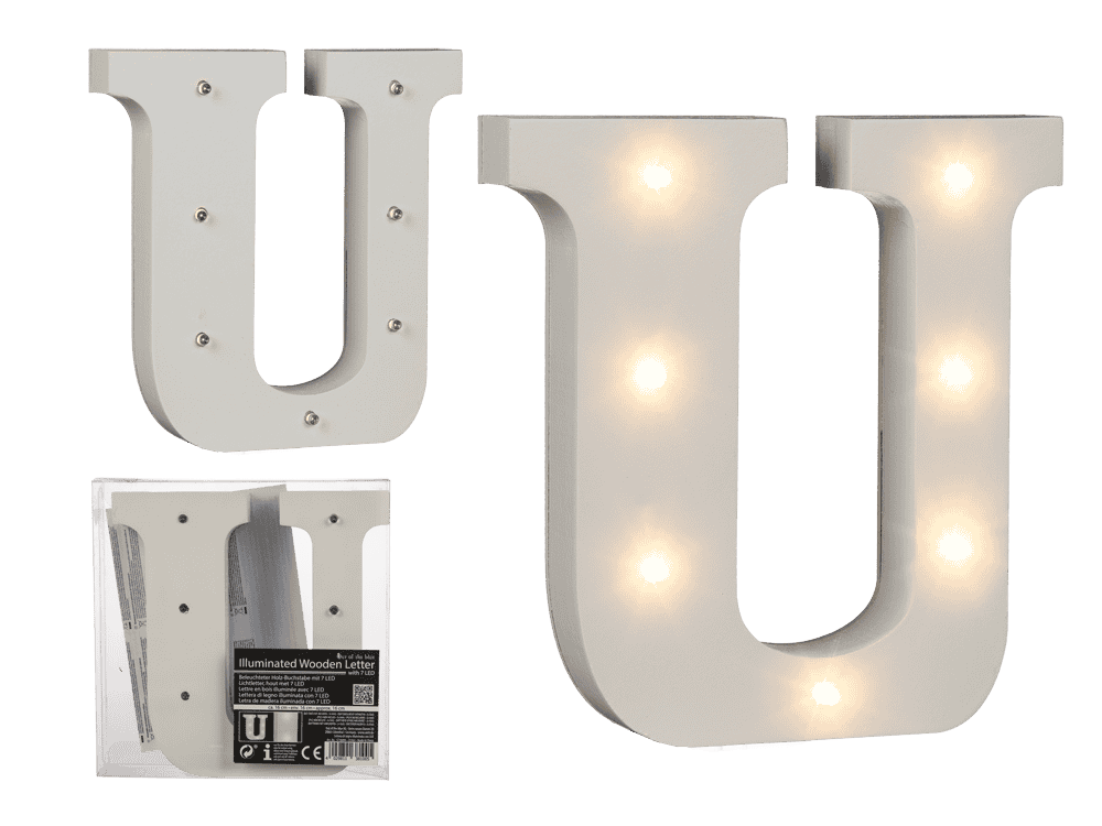 Illuminated wooden letter U, with 7 LED,