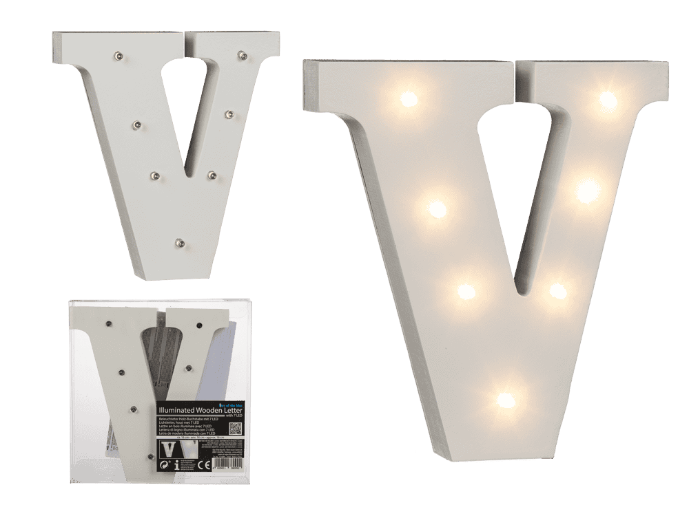 Illuminated wooden letter V, with 7 LED,