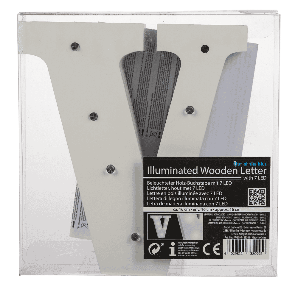Illuminated wooden letter V, with 7 LED,