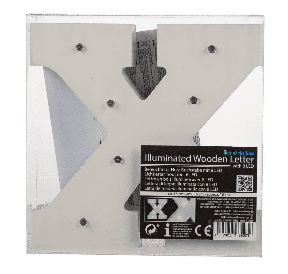 Illuminated wooden letter X, with 8 LED,