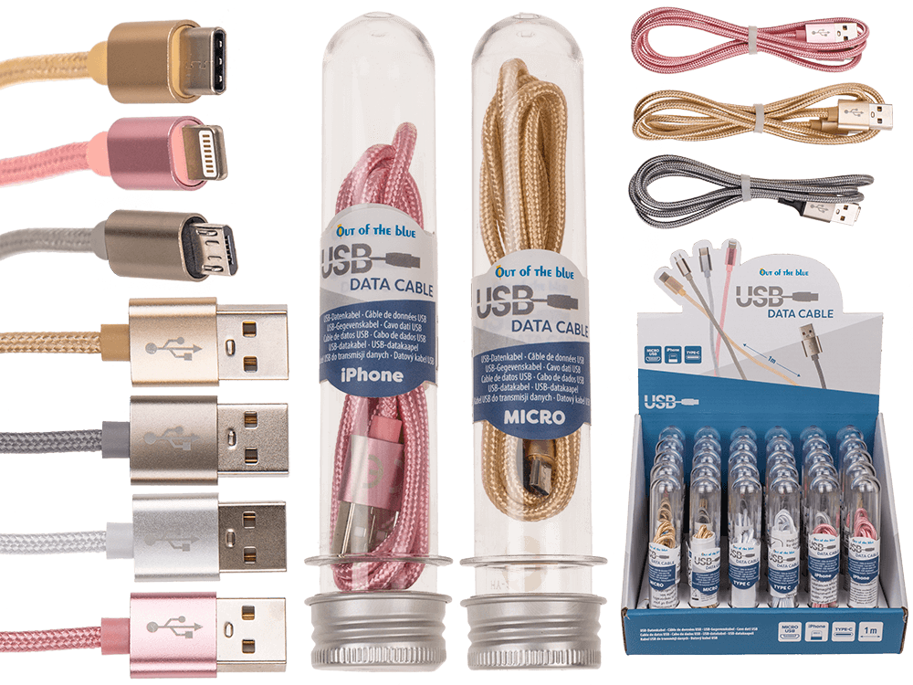 USB data cable, Type iPhone, C & Micro ass.,