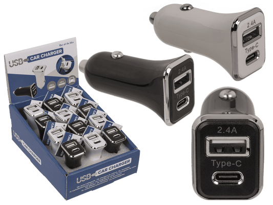 Car charger USB C + USB A, 2 colours ass.,