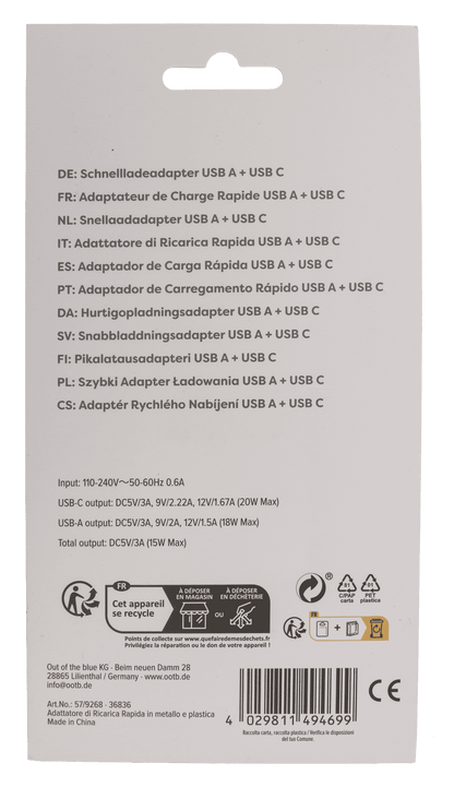Fast charge adapter - USB A + USB C