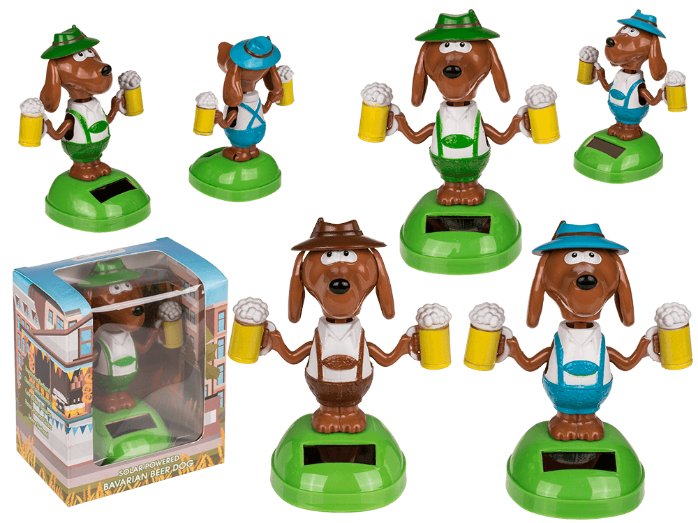 57-9847_000.png Bewegende figuren van een Bavarian Beer Dog met bierglazen, op plastic basis met zonnecel, in geschenkdoos.