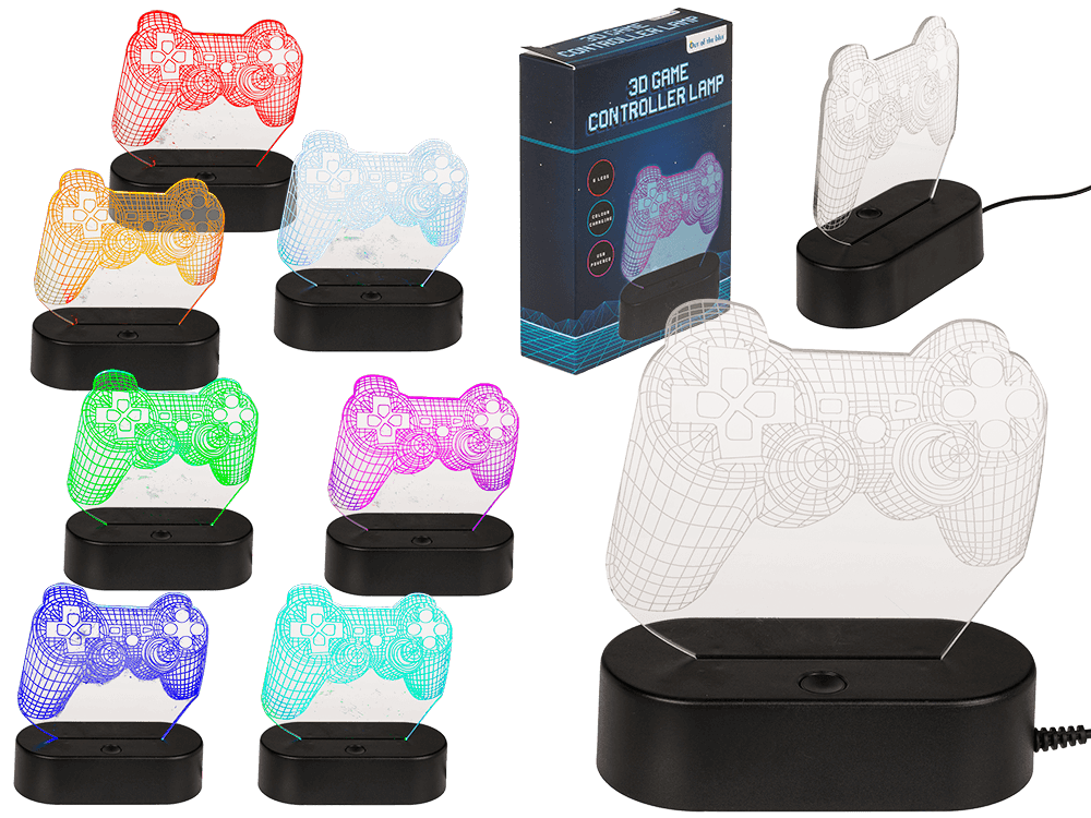 57-9855_000.png 3D-lamp in de vorm van een gamecontroller, 6 LED-kleuren, inclusief USB-kabel, verpakt in een kleurrijke geschenkdoos.