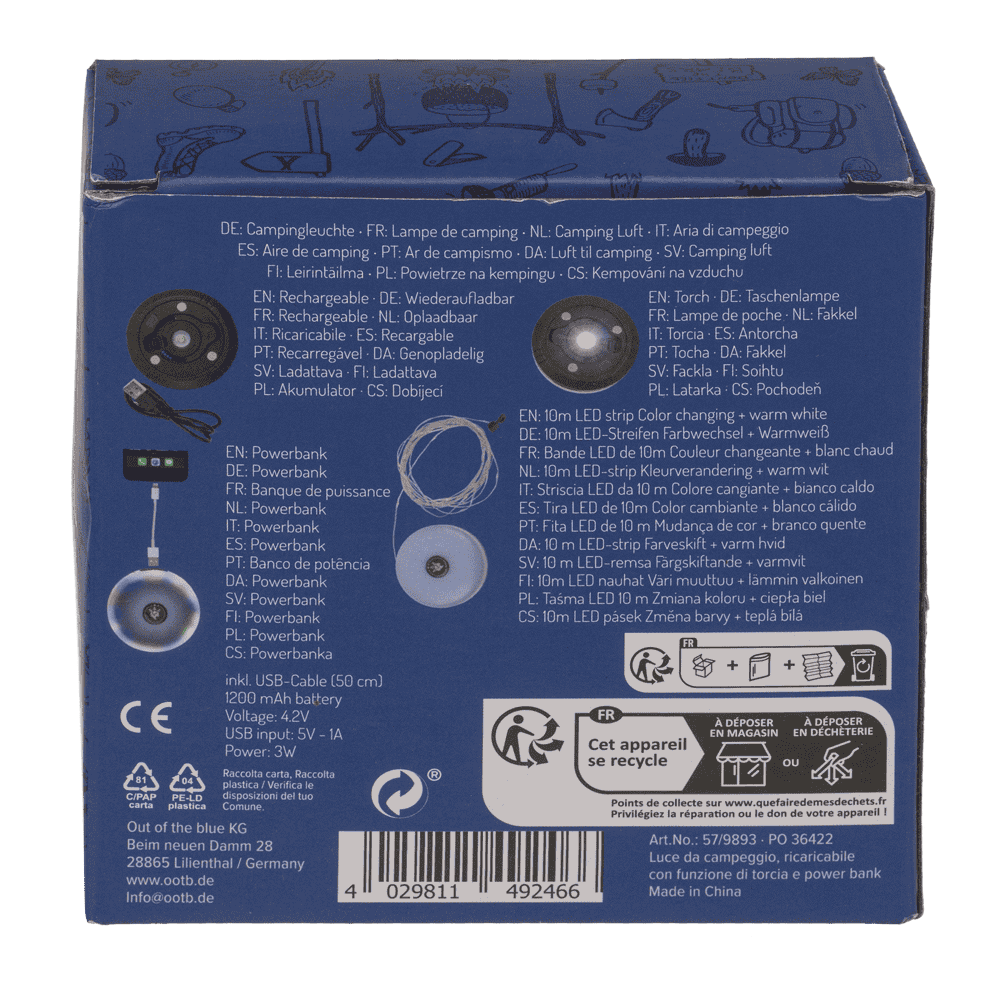 Camping light, rechargeable, with torch &