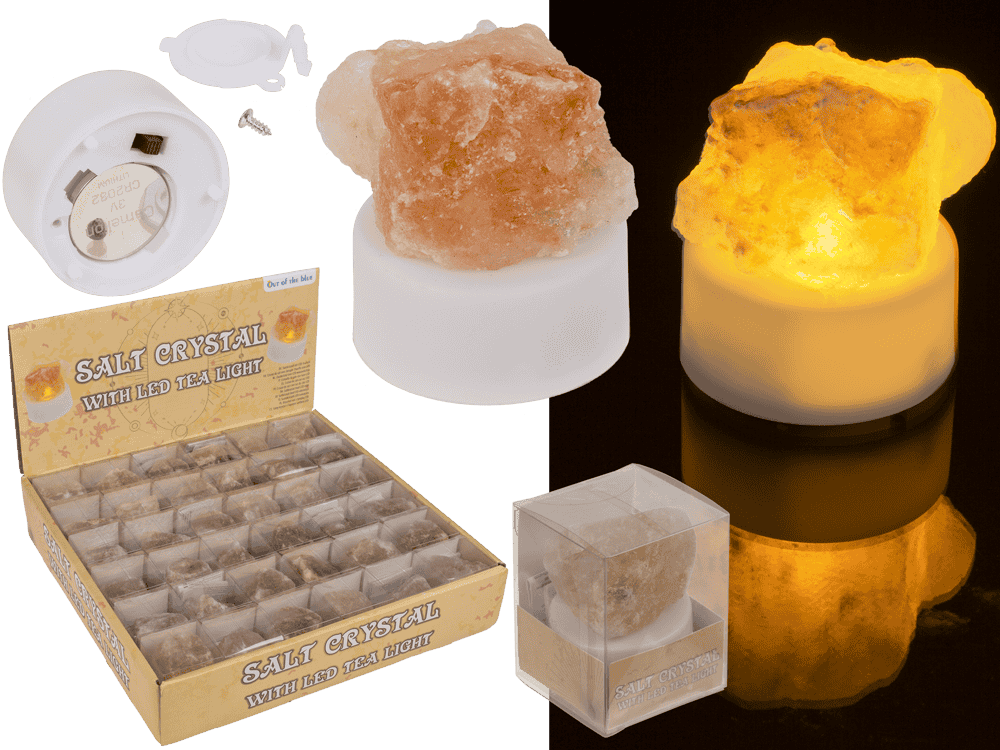 57-9894_000.png Zoutkristal met LED-theelicht, 4 x 2 cm, inclusief CR2032-batterij, verpakt in PET-doos. 36 stuks per display.