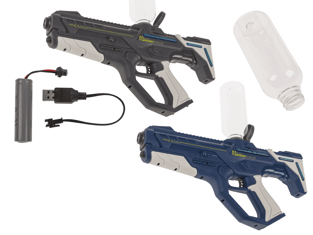 59-1972_000.png Elektrische waterpistool set met 150 ml en 350 ml watertanks, inclusief batterij en oplaadkabel, in twee kleuren.