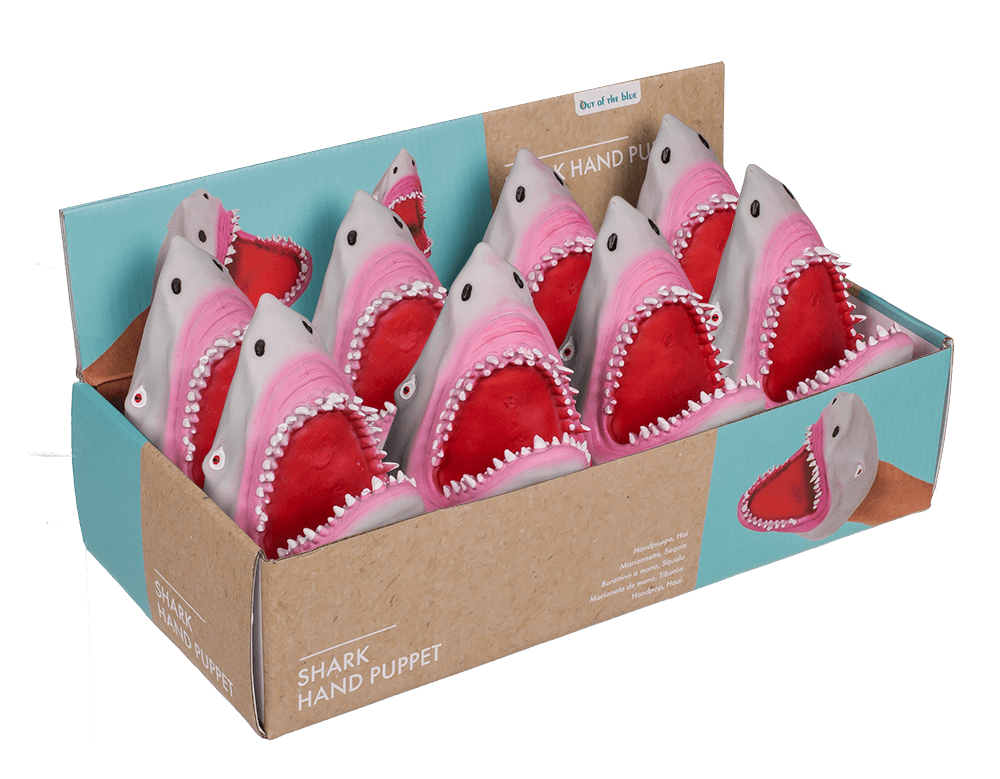59-2153_001_vormuster.png Zachte handpop in de vorm van een haai, 15 cm, 12 stuks per display, kleurrijke details en grote mond.