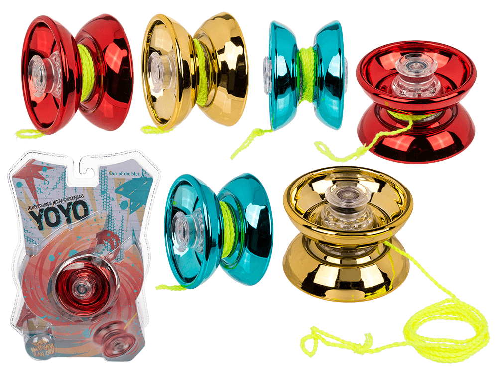59-2169_000.png Deluxe metalen responsieve yo-yos in rood, blauw en goud, met 3 lagers, diameter ca. 5,6 cm, op blisterkaart.