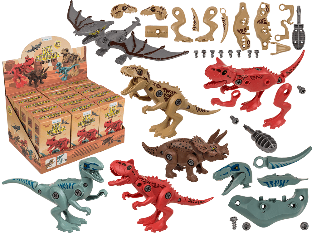 59-2173_000.png DIY Dinosaur Assembly Kit met 5 dinosaurussen (Carnotaurus, Triceratops, T. Rex, Velociraptor, Dilophosaurus) in kleurdoos.