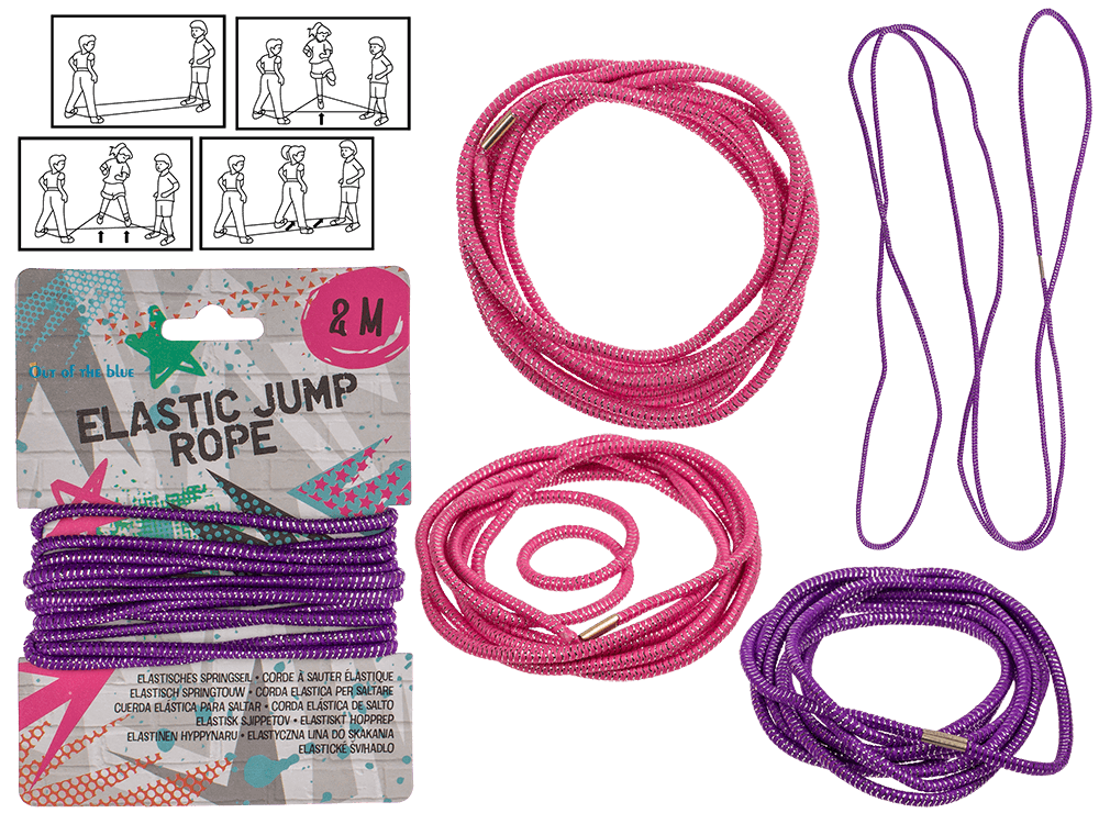 59-2190_000.png Elastische springtouw van 2 m in roze en paars, verpakt op kaart met kleurrijke achtergrond.