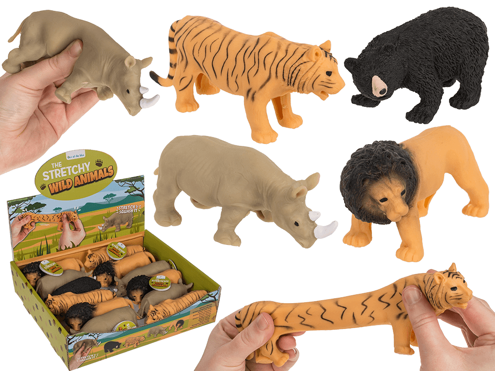59-2215_000.png Rekbare wilde dieren in verschillende kleuren en vormen, 13 cm, 12 stuks per display, gemaakt van TPR en zand.