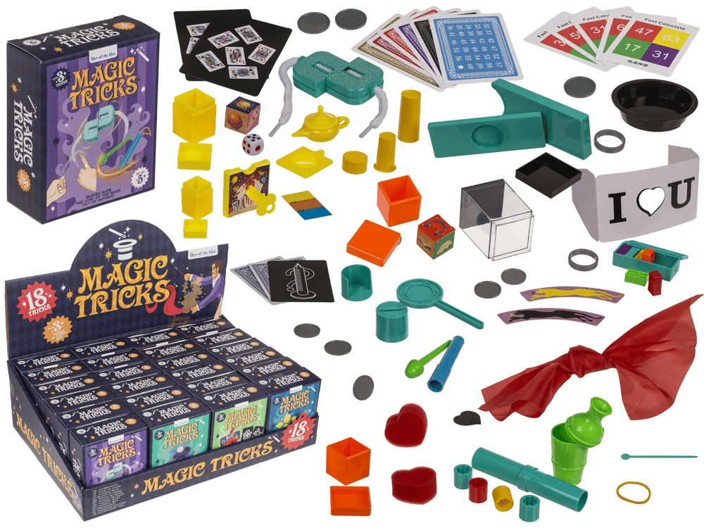 59-2220_000.png Magische trucs set met 3 tricks, kleurrijke accessoires en een display met 24 sets, geschikt voor binnen.