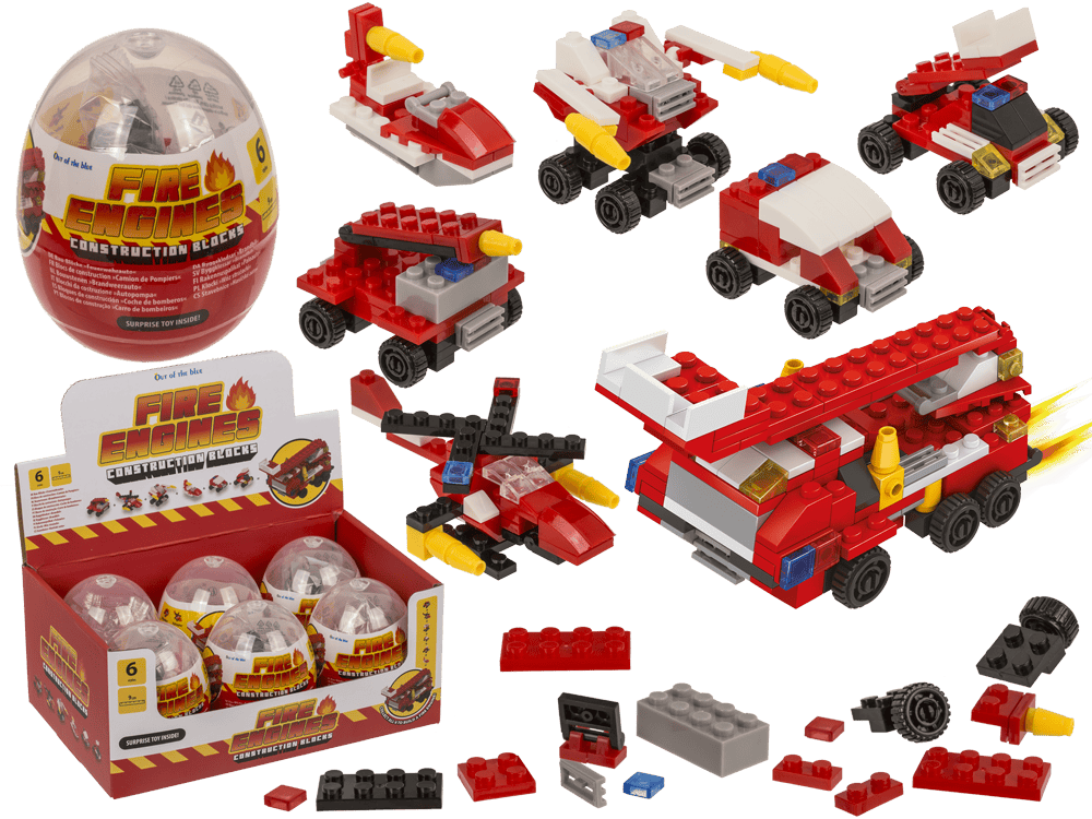 59-2275_000.png Zes verschillende brandweerconstructieblokken in plastic capsules, inclusief voertuigen en accessoires, 9 cm groot.