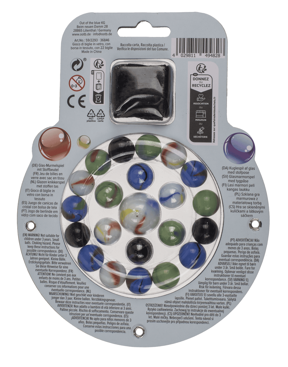 Glas marble game, with cloth bag,