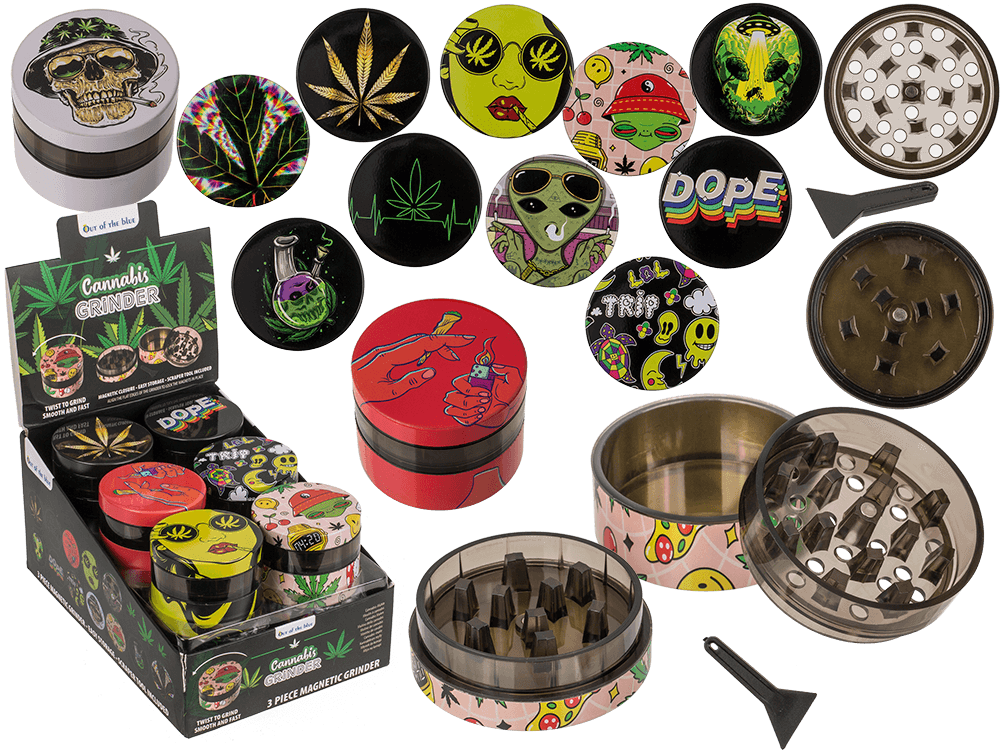 61-0027_000.png Kleurige cannabis grinders in diverse ontwerpen, diameter 5,5 cm, 12 stuks per display, niet voor FR.