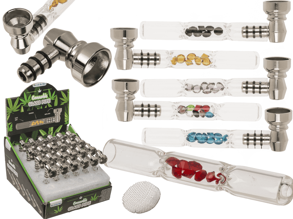 Glass pipe with metal head & diamonds,