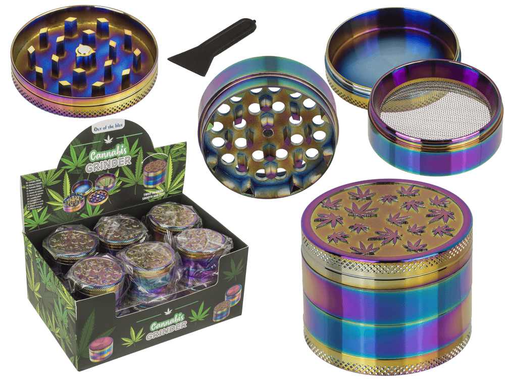61-0032_000.png Metaal cannabis grinder in regenboogkleur, 5 x 3,8 cm, met 12 stuks per display. Inclusief zeef en schraper.
