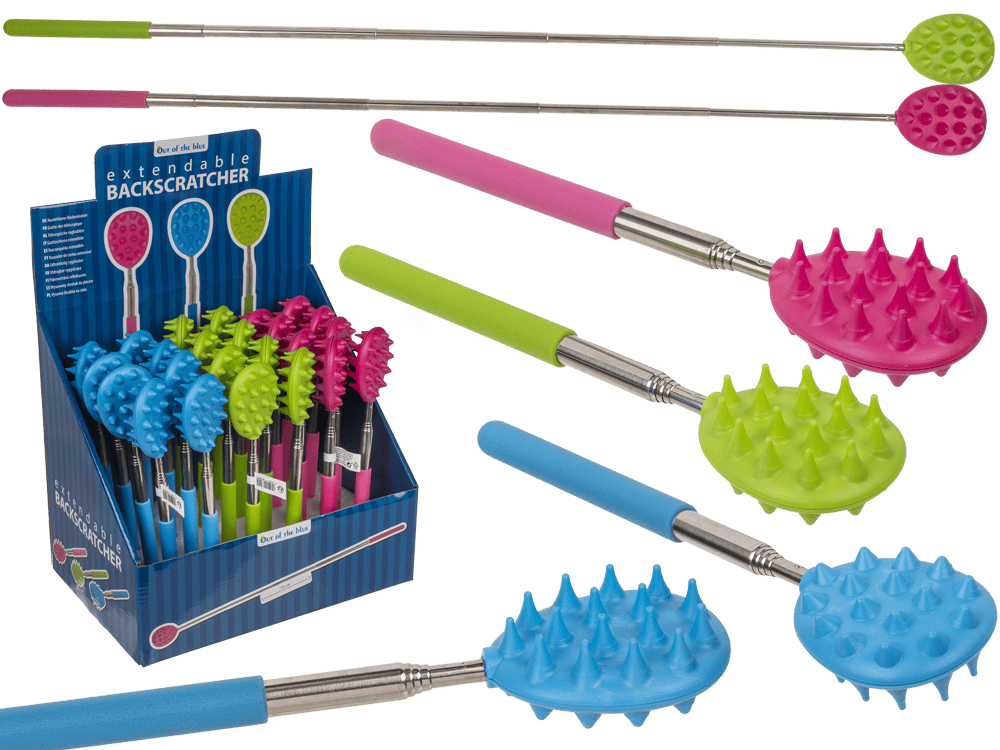 61-1838_000.png Verlengbare rugkrabber in cactusvorm, 70 x 4,5 cm, verkrijgbaar in roze, groen en blauw, 24 stuks per display.