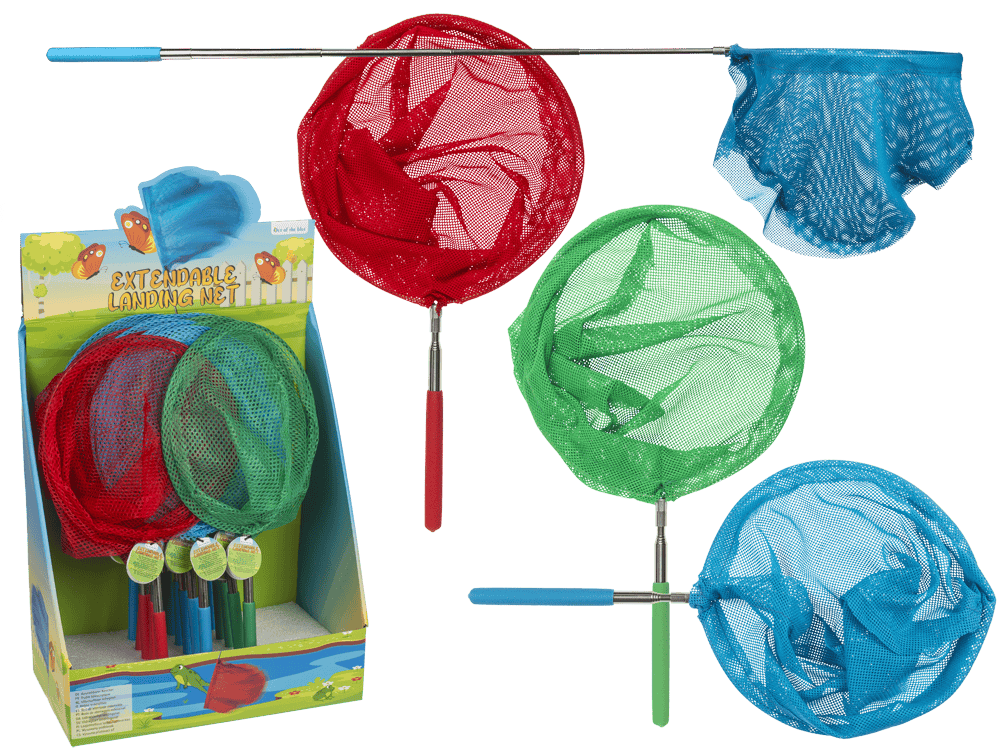 61-1869_000.png Verlengbaar handnet met rubberen handvat in rood, groen en blauw, 86 cm, 15 stuks per display.