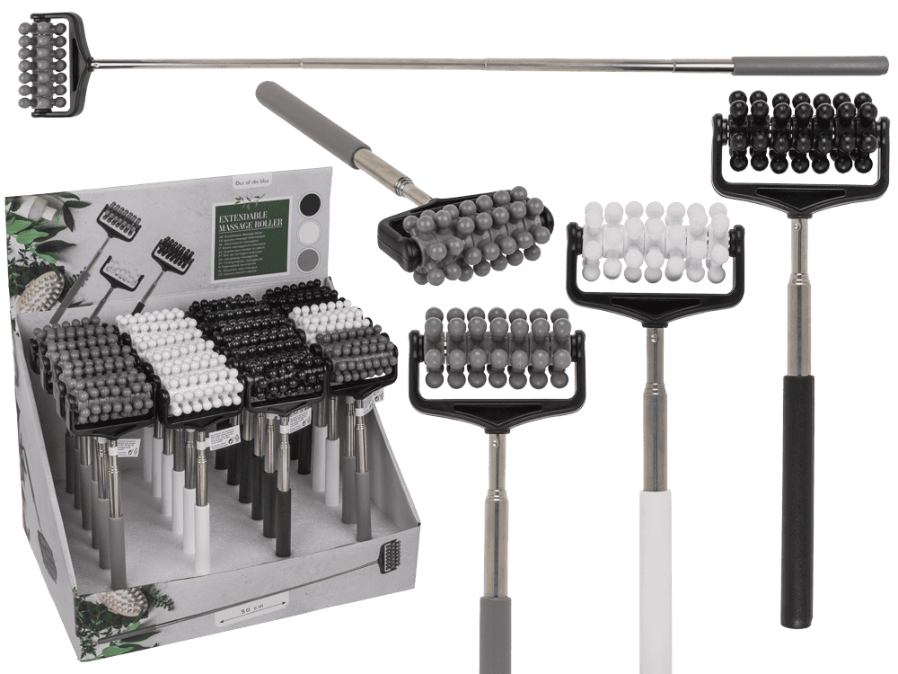 61-1870_000.png Verlengbare massage roller met rubberen handvat, ca. 51 cm, in zwart, wit en grijs, 24 stuks per display.