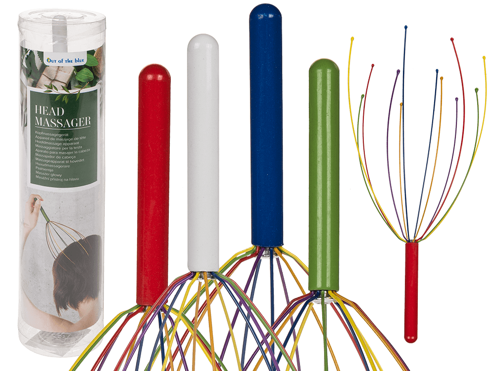 61-1874_000.png Metalen hoofdmasseur met 12 armen, ca. 25 cm, in rood, wit, groen en blauw, verpakt in plastic buis.