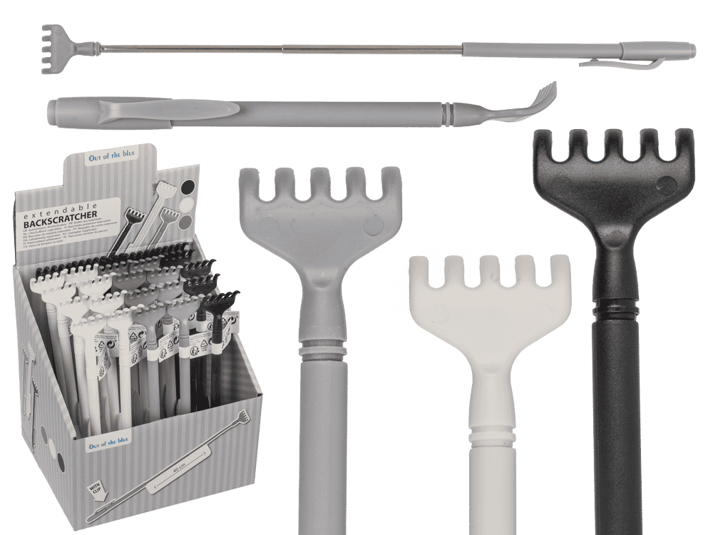 61-1900_000.png Verlengbare plastic rugkrabber in grijs, wit en zwart, ca. 40 cm, 25 stuks per display.