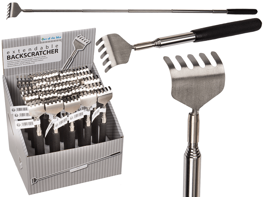Verlengbare mini metalen rugkrabber, ca. 53 cm, met 25 stuks in een displaydoos.