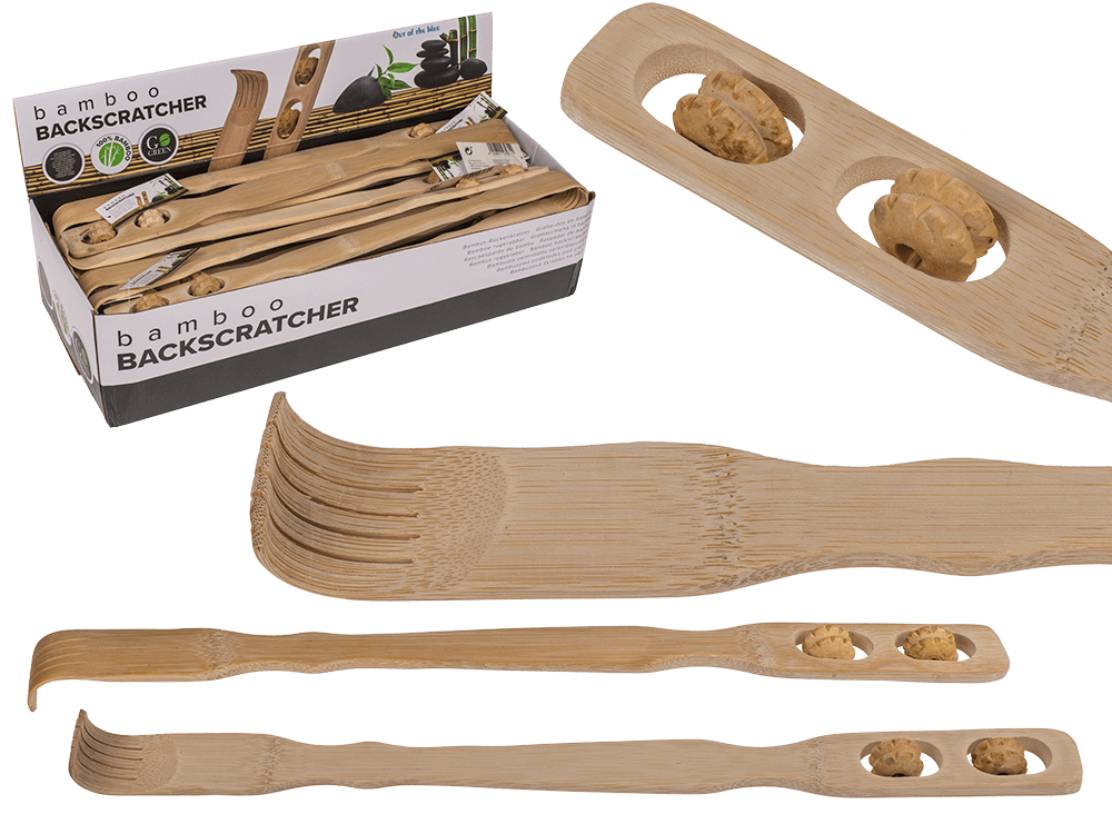 Bamboe backscratcher van 46 cm met massagerollen, 36 stuks per display, ideaal voor lichaamsverzorging.