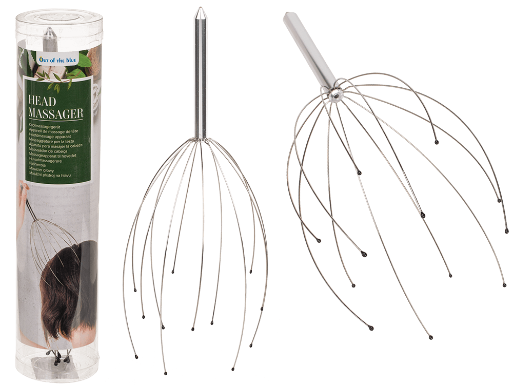 61-1990_000.png Metalen deluxe hoofdmassager met 12 masserende armen in plastic buis, ideaal voor ontspanning en verzorging.