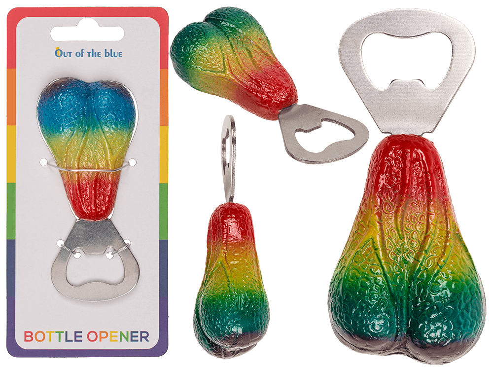 61-2765_000.png Metaal flesopener in de vorm van een testikel, gekleurd in de regenboog, met een polyresin afwerking, 10 x 7 cm.